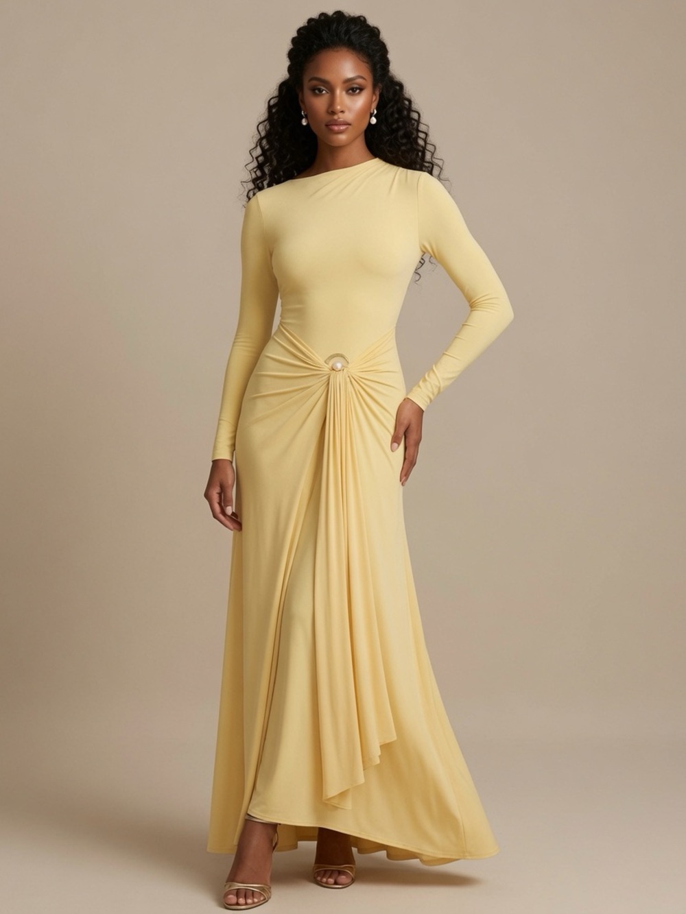 Elegant Long Sleeve Yellow Maxi Dress with Rosette Detail